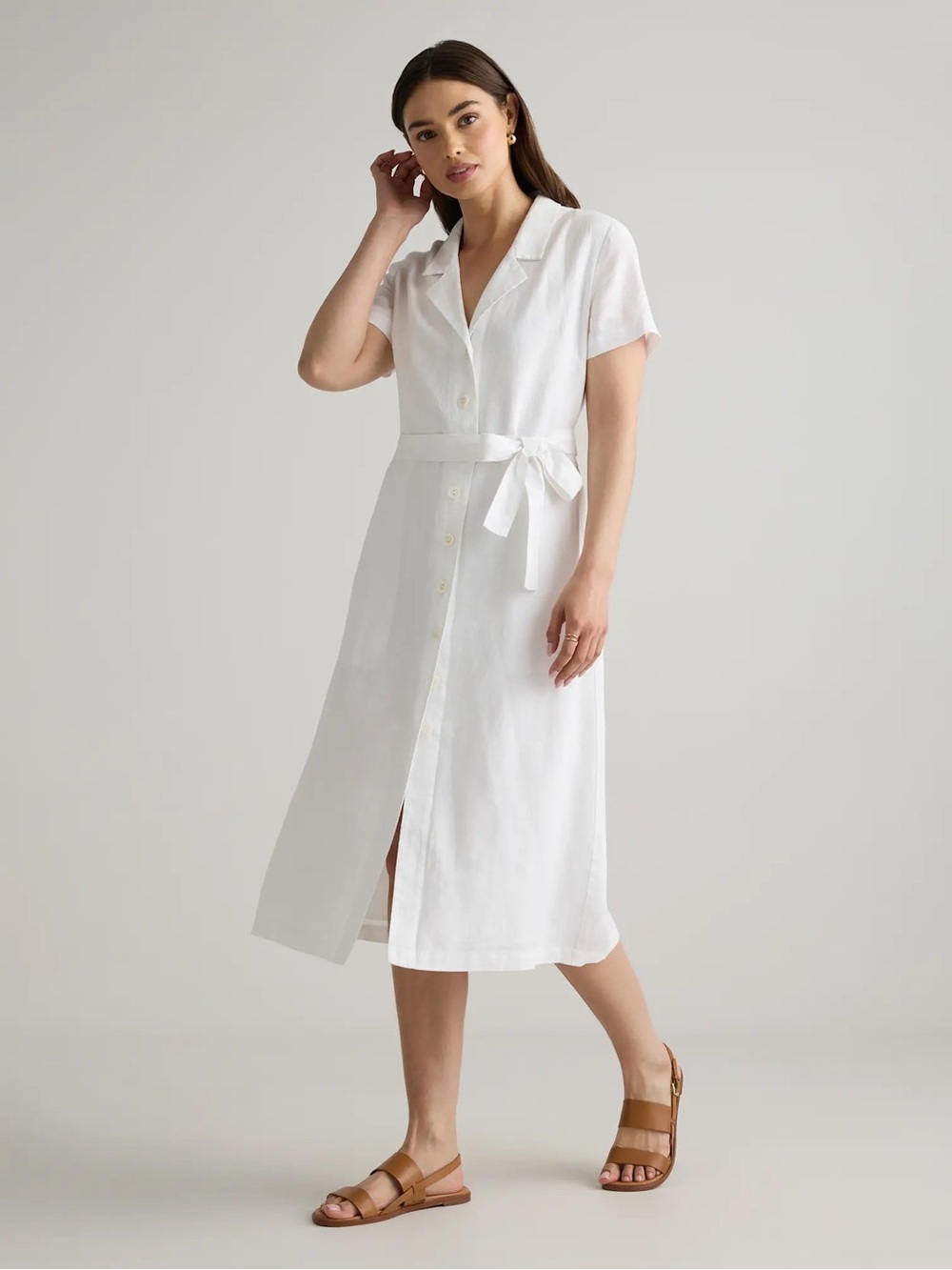 Quince NWT linen White Button-Front Midi Shirt Dress with Tie Waist